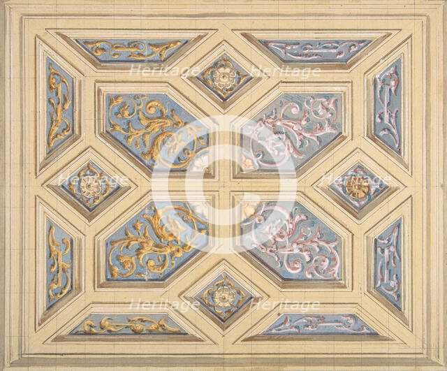 Design for a coffered ceiling decorated with rinceaux, 1840-97. Creators: Jules-Edmond-Charles Lachaise, Eugène-Pierre Gourdet.