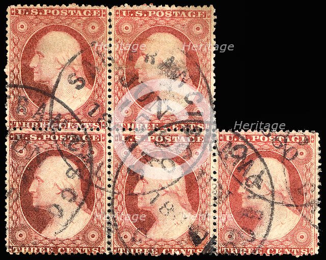 3c Washington type III block of five, 1860. Creator: Unknown.