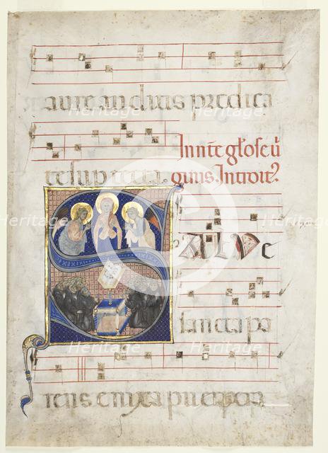 Initial S[alve sancta parens] with the Virgin Adored by Angels, and Singing Benedictine Monks..., c. Creator: Unknown.