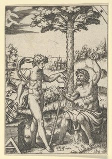 Seated old shepard gesturing towards the sky and speaking to nude male surrounded..., ca. 1500-1600. Creator: Anon.