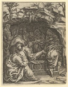 The Virgin of Sorrows: The Entombment; one of nine surrounding compartments from the Vi..., by 1575. Creator: Giorgio Ghisi.