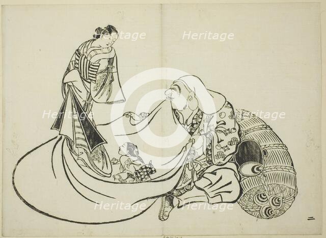 Daikoku revealing the contents of Hotei's bag, no. 2 from the series of 12 prints, c. 1708. Creator: Okumura Masanobu.