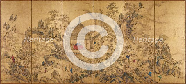 Roukaku Sansui Zu (Landscape with tower) Left of a pair of six-section folding screens, c. 1750. Artist: Ike no Taiga (1723-1776)