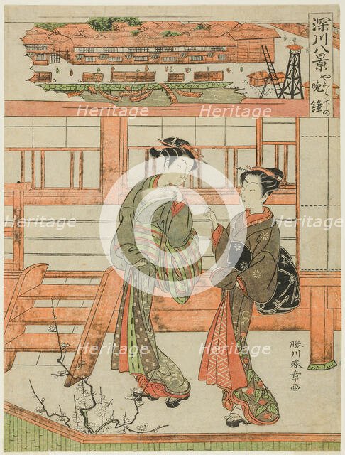 Yagurashita no Bansho (Evening Bell at Yagurashita), Courtesan and Her Attendant at the..., c. 1771. Creator: Shunsho.