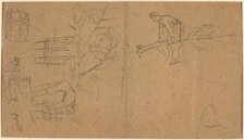 Soldiers felling sapling, and weaving saplings into baskets [verso], 1862. Creator: Winslow Homer.