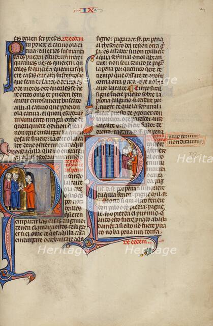Initial Q: A Man Greeting Two Men from his Doorway: Initial Q: Two Men..., about 1290-1310. Creator: Unknown.