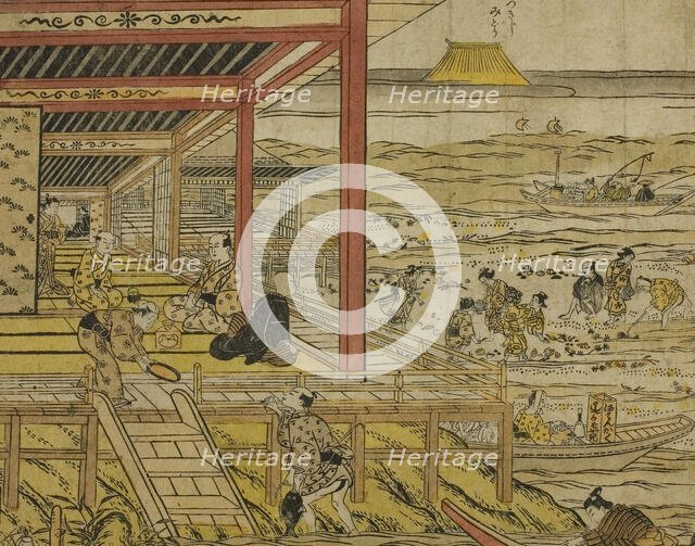 Gathering Shellfish at Low Tide at Shinagawa (Shinagawa shiohigari no zu), 1740s. Creator: Furuyama Moromasa.