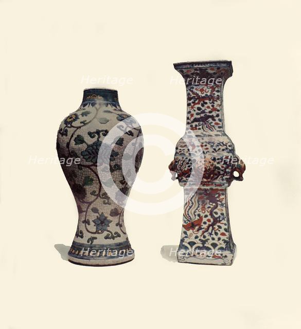 Two enamelled porcelain vases, Chinese, 15th-17th centuries, (1908).  Creator: Unknown.