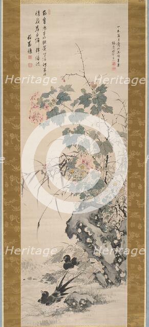 Hibiscus and Magpies, 1847. Creator: Yamamoto Baiitsu.