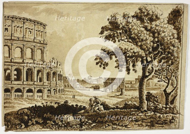View of Roman Colosseum and Arch of Titus, with Couple in Foreground, n.d. Creator: Giuseppe Fini.