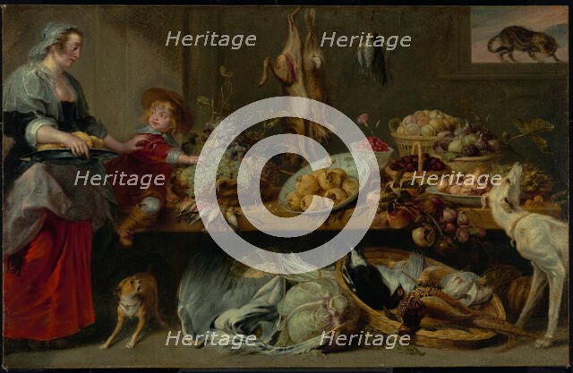 Larder Still Life with Housekeeper and Young Boy, 1636-1638.  Creators: Frans Snyders, Workshop of Peter Paul Rubens, Workshop of Frans Snijders.