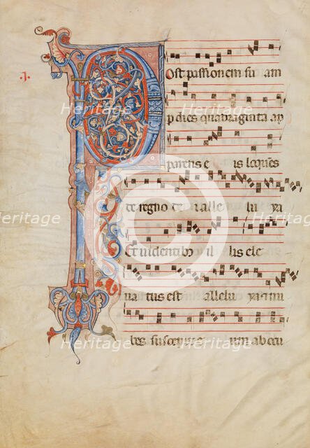 Manuscript Leaf with Foliated Initial P, from an Antiphonary, Italian, ca. 1250-60. Creator: Unknown.
