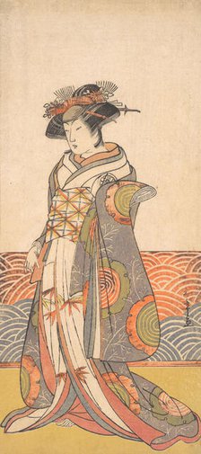 The Third Segawa Kikunojo as a Woman Standing in a Room Having a Wave-pattern Dado, ca. 1779. Creator: Shunsho.