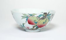 Bowl with Fruiting Peaches, Tree Peony, Flowering Plum, and Bats, Qing dynasty, (1723-1735). Creator: Unknown.