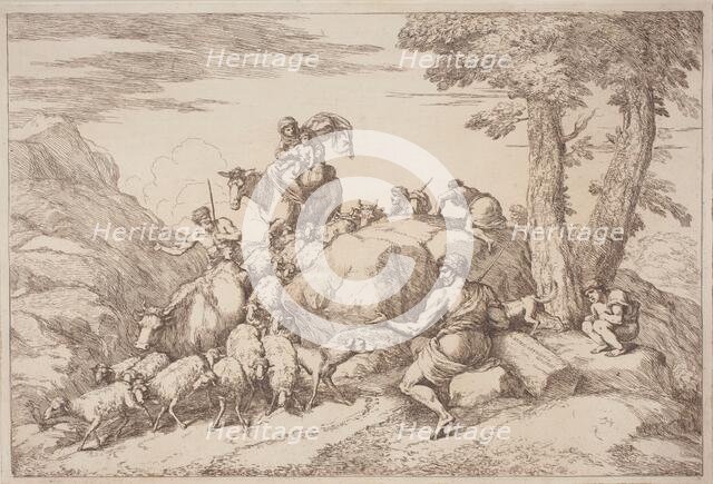 A Pastoral Journey with a Mother and Child on Horesback and an Elderly Shepherd..., 1758/1759. Creator: Gaetano Gherardo Zompini.