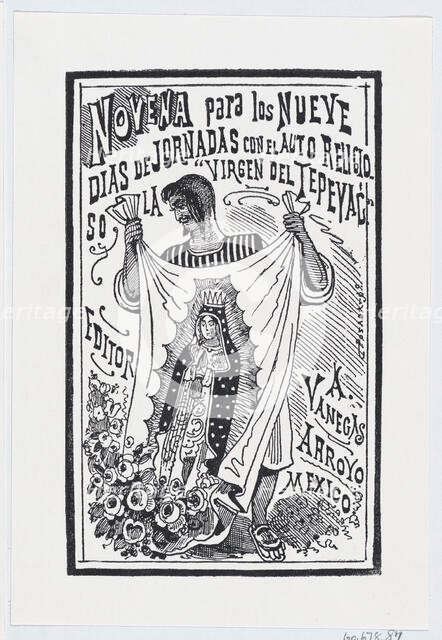 A man holding up a piece of fabric with an image of the Virgin, illustration for ..., ca. 1880-1910. Creator: José Guadalupe Posada.