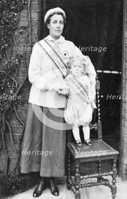 Rose Lamartine Yates wearing the suffragette uniform, with her son Paul, Surrey, c1910. Artist: Unknown