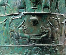 Scene from a situla in bronze of the Certusa of Bologna with a character playing the harp and ano…