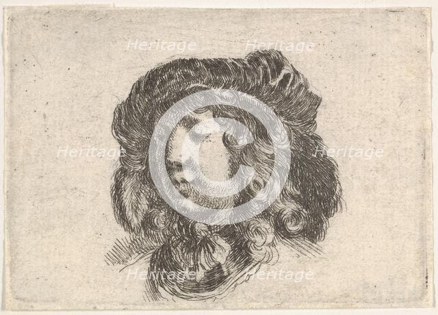 Plate 34: head of a young man in a cap adorned with a few feathers, turned three-quart..., ca. 1646. Creator: Stefano della Bella.