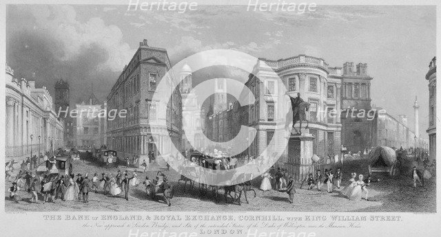 Cornhill, Lombard Street and King William Street, looking east, City of London, 1837. Artist: Henry Wallis