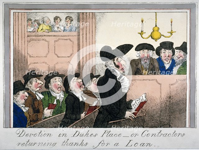 'Devotion in Duke's Place or contractors returning thanks for a loan', c1818. Artist: Anon