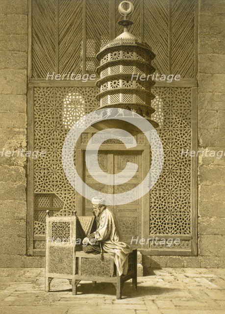 Cairo: Funerary or Sepuchral Mosque of Sultan Barquoq seated Imam reading the Koran, before a pierce Creator: Emile Prisse d'Avennes (1807-79).