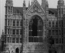 The Palace of Westminster and the Statue of Richard the Lionheart, Damaged by German Bombing, 1941. Creator: British Pathe Ltd.