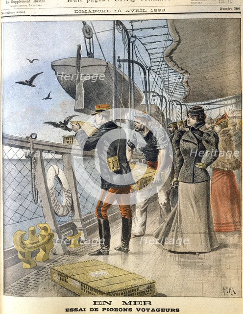 Releasing French army homing pigeons on board the transatlantic liner 'La Bretagne', 1898. Artist: Unknown