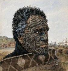Te Mutu: portrait showing detail of moko design, Tauranga 1864, 1864. Creator: Major HG Robley.