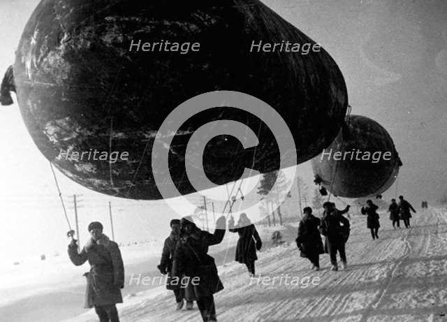 Barrage balloons near Moscow, USSR, World War II, 1941 Artist: Unknown