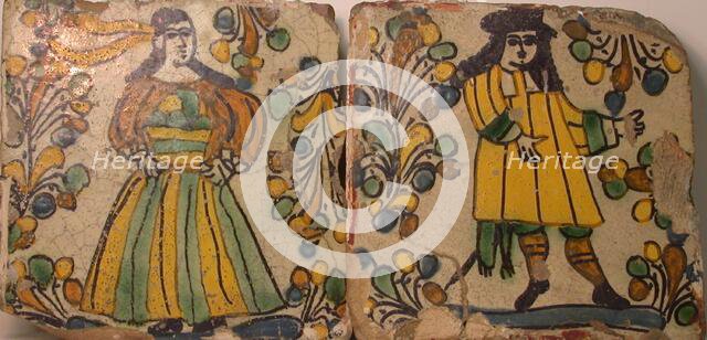 Polychrome Tiles Depicting Male and Female Figures in Contemporary Dress Surrounded..., 1700/1750. Creator: Unknown.