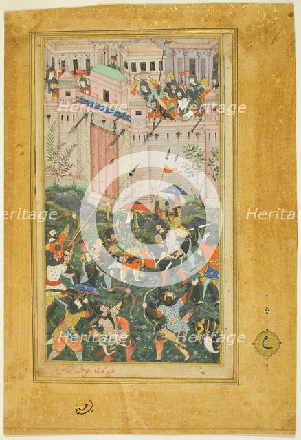 Kichik Beg Wounded during Babur's Attack on Qalat, from a copy of the Baburnama..., c. 1590. Creator: Kanha.