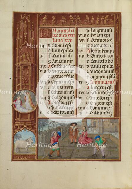 March Calendar Page: Gardening: Aries; Spinola Hours, about 1510-1520. Creator: Workshop of the Master of James IV of Scotland.