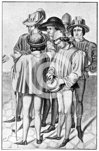 Men wearing favours in their hats, 15th century, (1910). Artist: Unknown