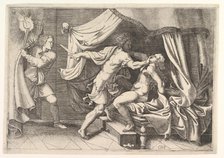 Tarquin attacking Lucretia, a servant at left witnessing the scene, ca. 1540. Creator: Giorgio Ghisi.