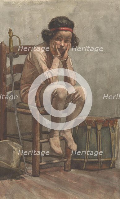Seated girl in leotard with military props, 1870-1923. Creator: Willem Witsen.