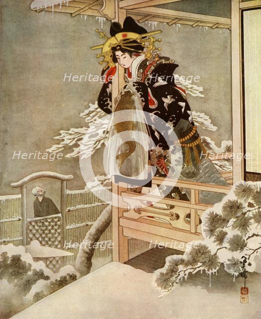 'As she spoke, Urasato leaned far out over the balcony...', 1919.  Creator: Unknown.