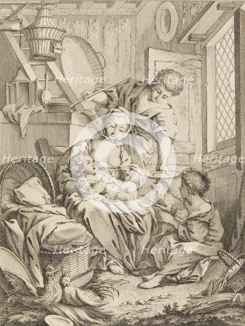 Plate 1: Young Woman Feeding her Infant, from Premier Livre de Sujets et Pastorales (Fi..., 1720-72. Creator: Gabriel Huquier.