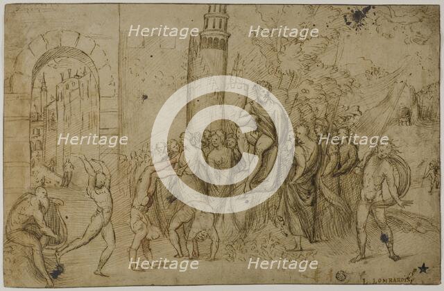 Acrobats Performing Before a Ruler (recto); Outdoor Scene with Group of Figures (verso), c. 1510. Creator: Pordenone.