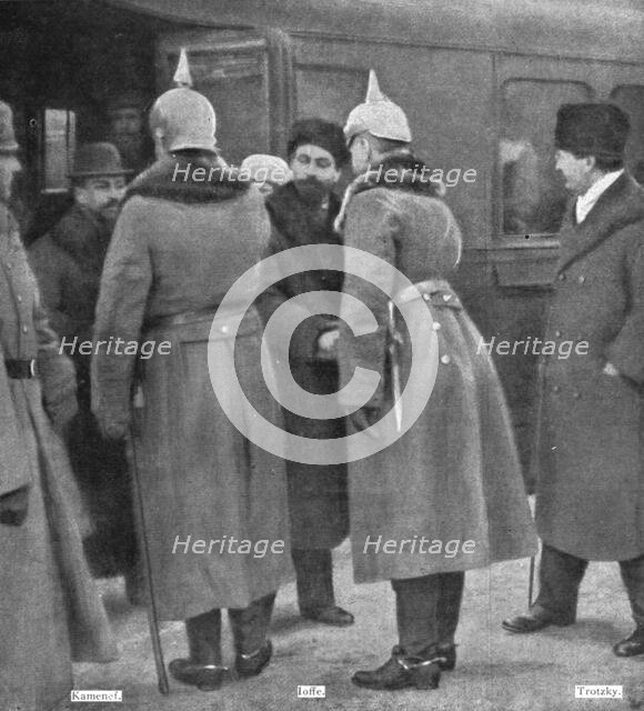 'La paix des Bolcheviks; Trotzky et la delegation russe recus a Brest-Litovsk, le 7 janvier..., 1918 Creator: Unknown.