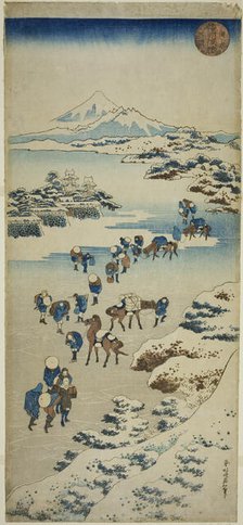Crossing the Frozen Suwa Lake in Shinano Province (Shinshu Suwa kosui kori watari), Japan, c.1833/34 Creator: Hokusai.