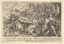 Mankind surrendering to lechery before the Flood: embracing couples on benches around a ta..., 1612. Creator: Crispijn de Passe I.