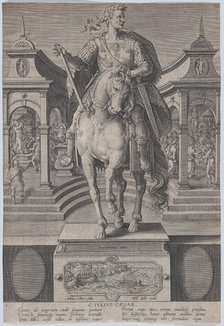 Plate 1: equestrian statue of Julius Caesar, seen from the front, with a scene of a..., ca. 1587-89. Creator: Adriaen Collaert.