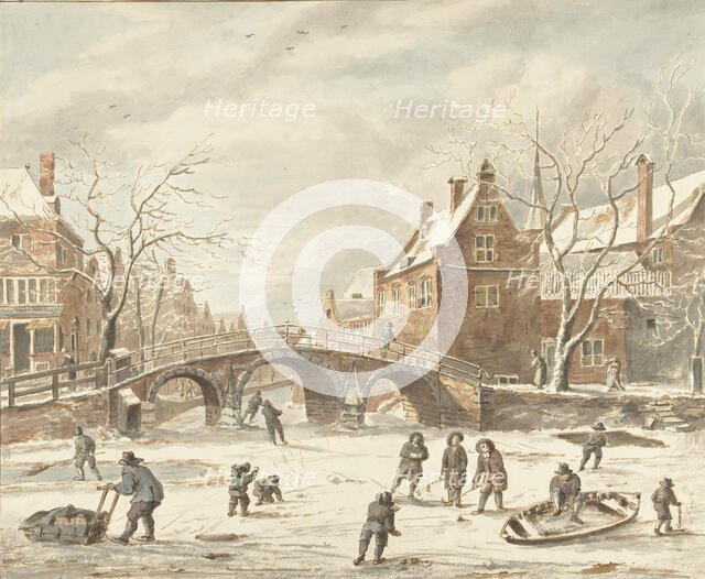 Ice fun on the corner of Spui and Nieuwezijds Voorburgwal, 1773-1838. Creators: Anthonie van den Bos, Jan van Kessel.