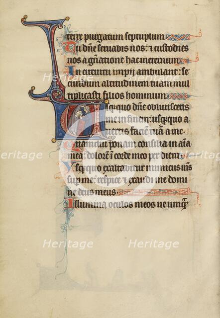 Initial U: A Man Clothing a Nude Man; Bute Psalter, text and illumination about 1285. Creator: Bute Master.