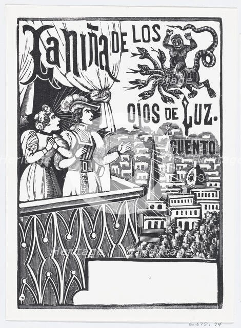 A woman and a man standing on a balcony looking up at a flying monster in the sky..., ca. 1880-1910. Creator: José Guadalupe Posada.