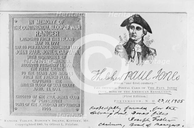 John Paul Jones, Official Postal Card of The Paul Jones Club, S.A.R., 1905, (1917). Creator: Unknown.