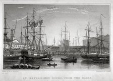 View of St Katharine's Dock from the basin, London, c1830. Artist: Henry Jorden