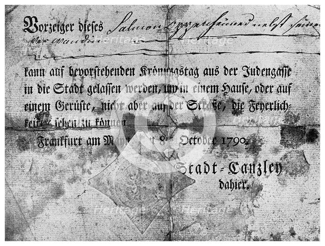 Anti-semitism: a pass issued to Jews at Frankfurt, 1790 (1956). Artist: Unknown