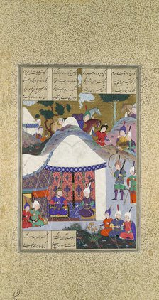 Zal Questions Sam's Intentions Regarding the House of Mihrab, Folio 81v..., ca. 1525-30. Creator: 'Abd al-'Aziz.
